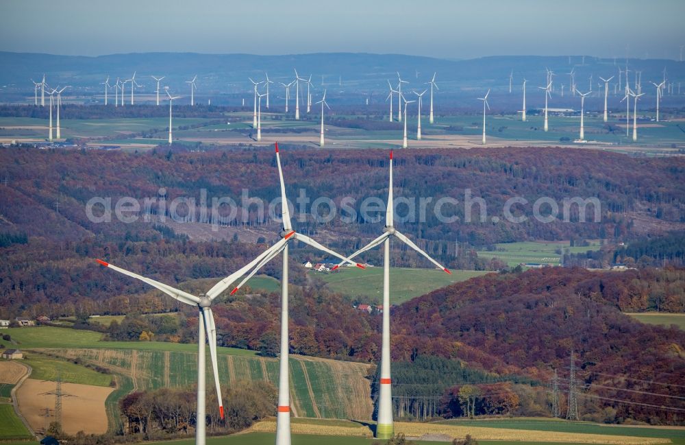 Brilon from the bird's eye view: Wind turbine windmills on a field in Brilon at Sauerland in the state North Rhine-Westphalia, Germany