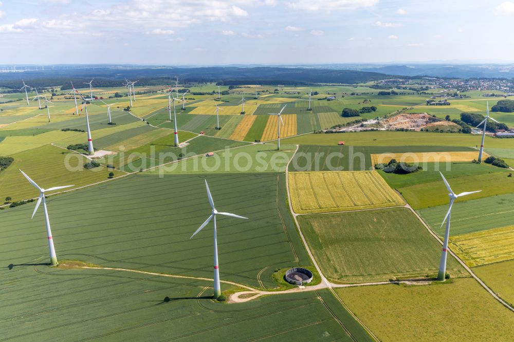 Aerial image Brilon - Wind turbine windmills on a field in Brilon at Sauerland in the state North Rhine-Westphalia, Germany