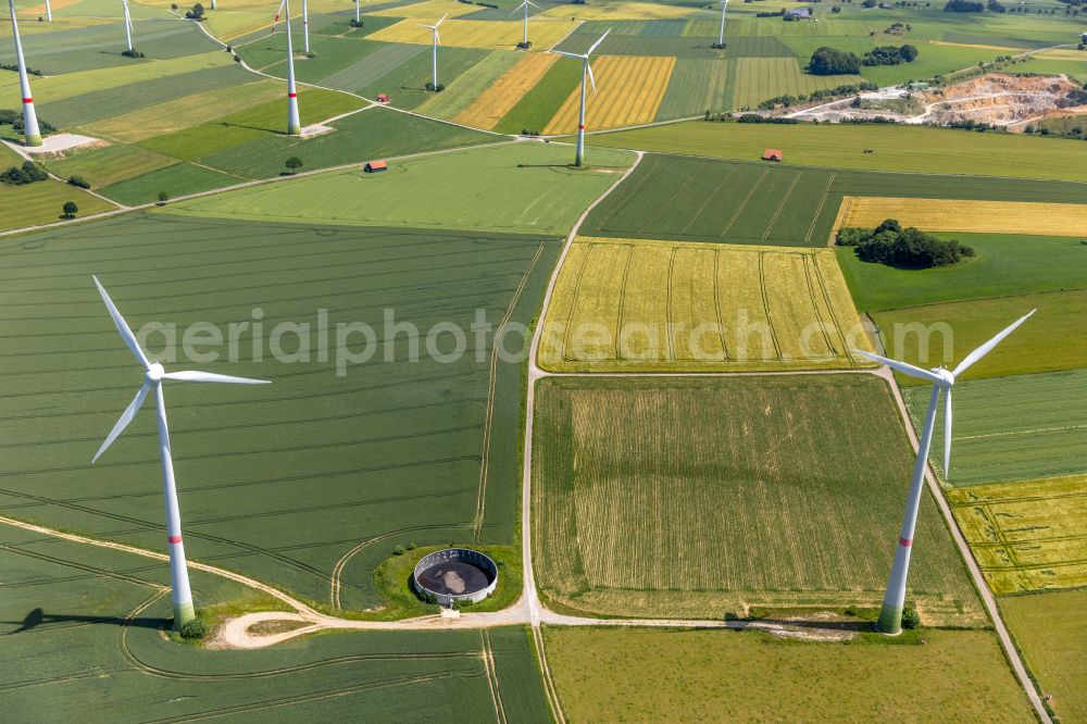 Aerial photograph Brilon - Wind turbine windmills on a field in Brilon at Sauerland in the state North Rhine-Westphalia, Germany