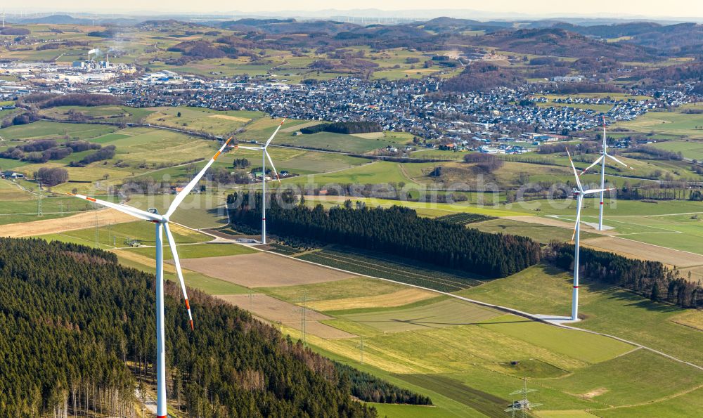 Brilon from above - Wind turbine windmills on a field in Brilon at Sauerland in the state North Rhine-Westphalia, Germany