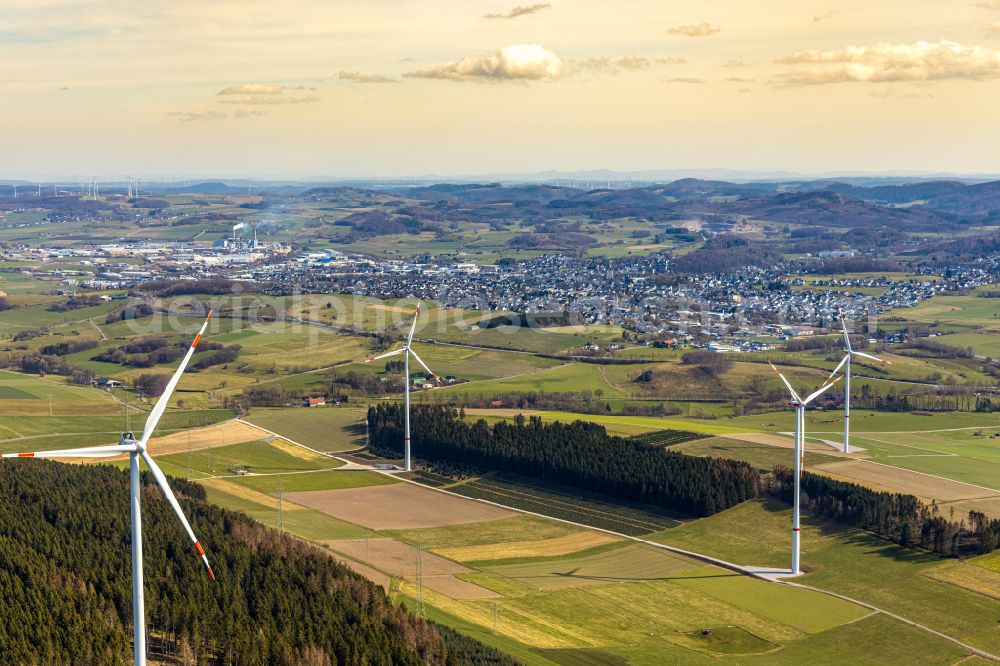 Brilon from the bird's eye view: Wind turbine windmills on a field in Brilon at Sauerland in the state North Rhine-Westphalia, Germany