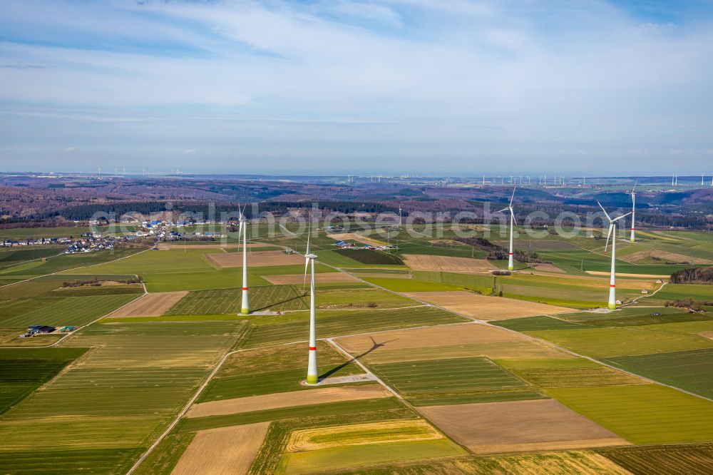 Brilon from the bird's eye view: Wind turbine windmills on a field in Brilon at Sauerland in the state North Rhine-Westphalia, Germany