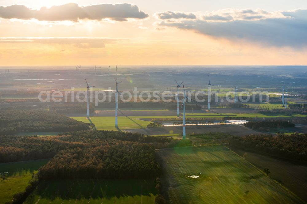 Deinste from the bird's eye view: Wind turbine windmills on a field in Deinste in the state Lower Saxony, Germany