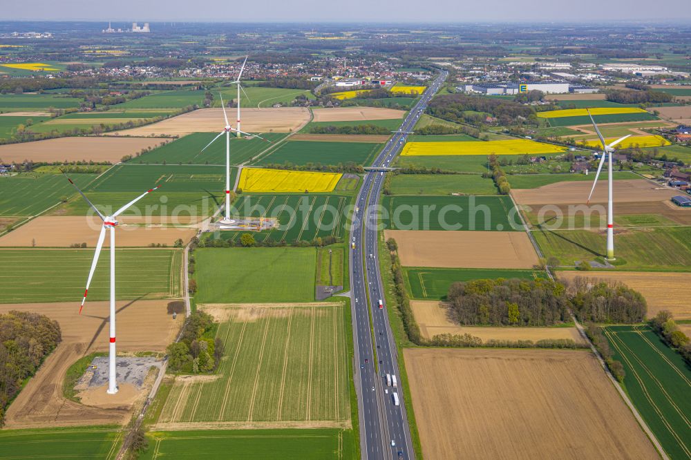 Aerial image Freiske - Wind turbine windmills on a field in Freiske in the state North Rhine-Westphalia, Germany