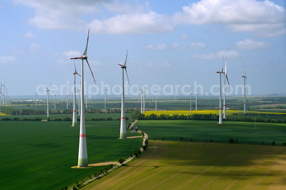 Aerial image Freist - Wind turbine windmills on a field in Freist in the state Saxony-Anhalt, Germany