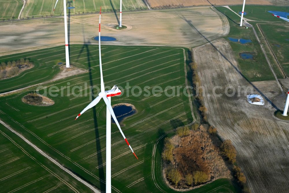 Aerial image Gollmitz - Wind turbine windmills on a field in Gollmitz in the state Brandenburg, Germany