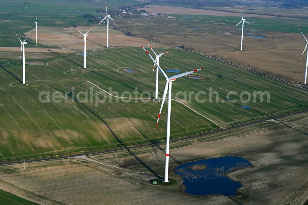 Gollmitz from above - Wind turbine windmills on a field in Gollmitz in the state Brandenburg, Germany