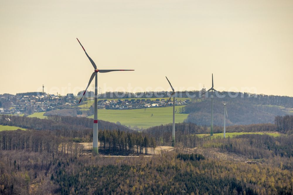 Aerial image Hohenlimburg - Wind turbine windmills on a field in Hohenlimburg in the state North Rhine-Westphalia, Germany