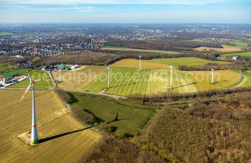 Mengede from above - Wind turbine windmills on a field in Mengede in the state North Rhine-Westphalia, Germany