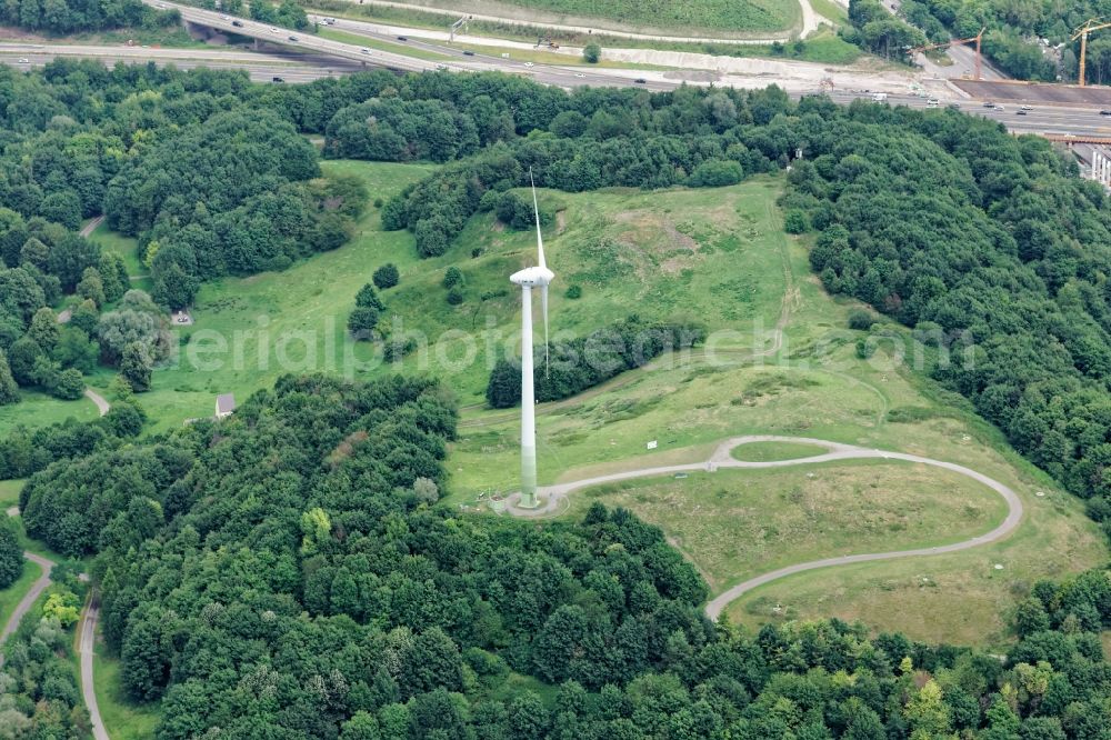 München from above - Wind turbine windmills on a field in the district Freimann in Munich in the state Bavaria, Germany