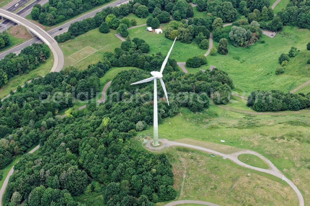 München from above - Wind turbine windmills on a field in the district Freimann in Munich in the state Bavaria, Germany