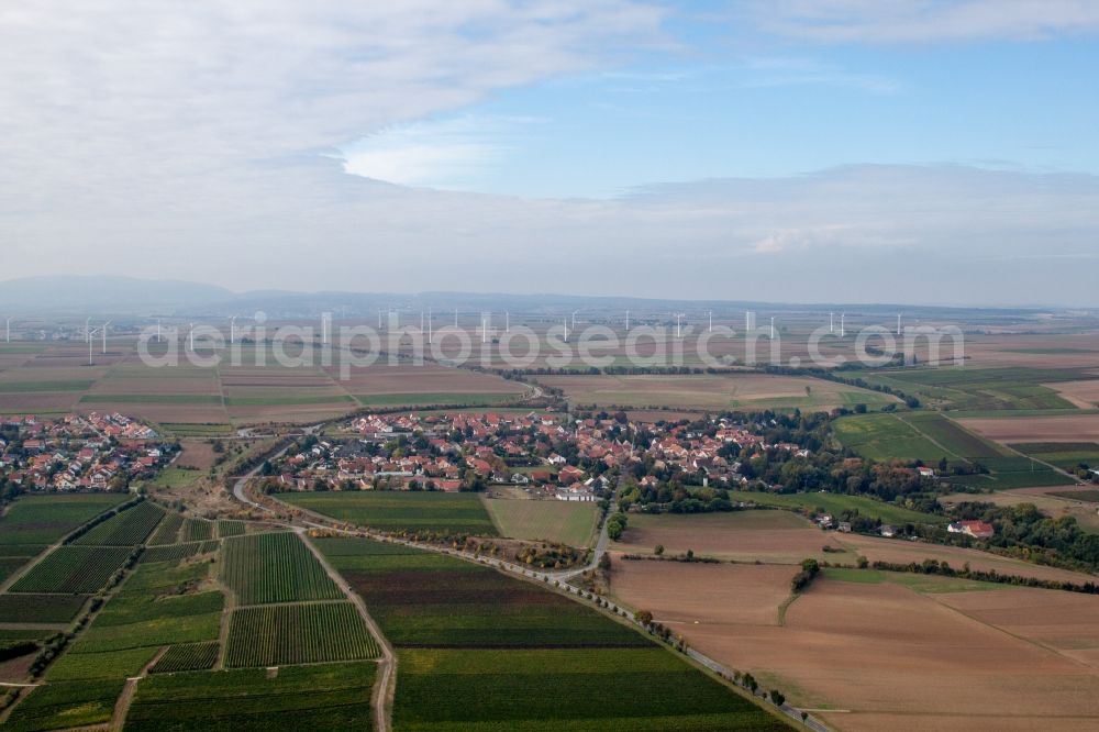 Hangen-Weisheim from above - Wind turbine windmills on a field in the district Hangen - Weisheim in Hangen-Weisheim in the state Rhineland-Palatinate, Germany