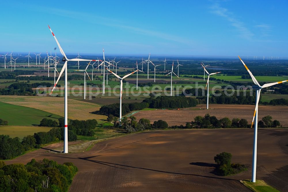 Aerial photograph Porep - Wind turbine windmills on a field in Porep in the state Brandenburg, Germany