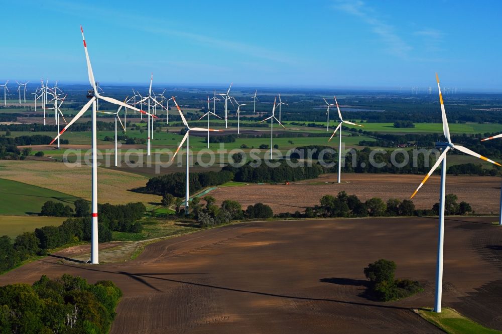 Porep from above - Wind turbine windmills on a field in Porep in the state Brandenburg, Germany