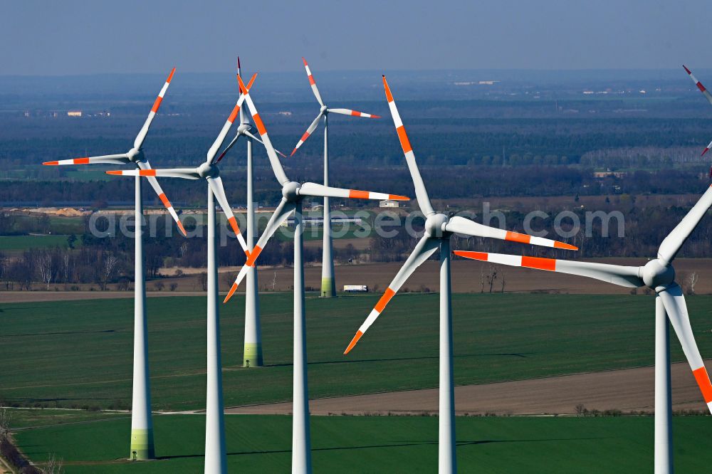 Quellendorf from the bird's eye view: Wind turbine windmills on a field in Quellendorf in the state Saxony-Anhalt, Germany