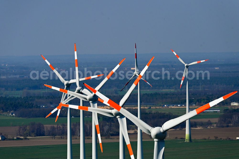 Aerial photograph Quellendorf - Wind turbine windmills on a field in Quellendorf in the state Saxony-Anhalt, Germany