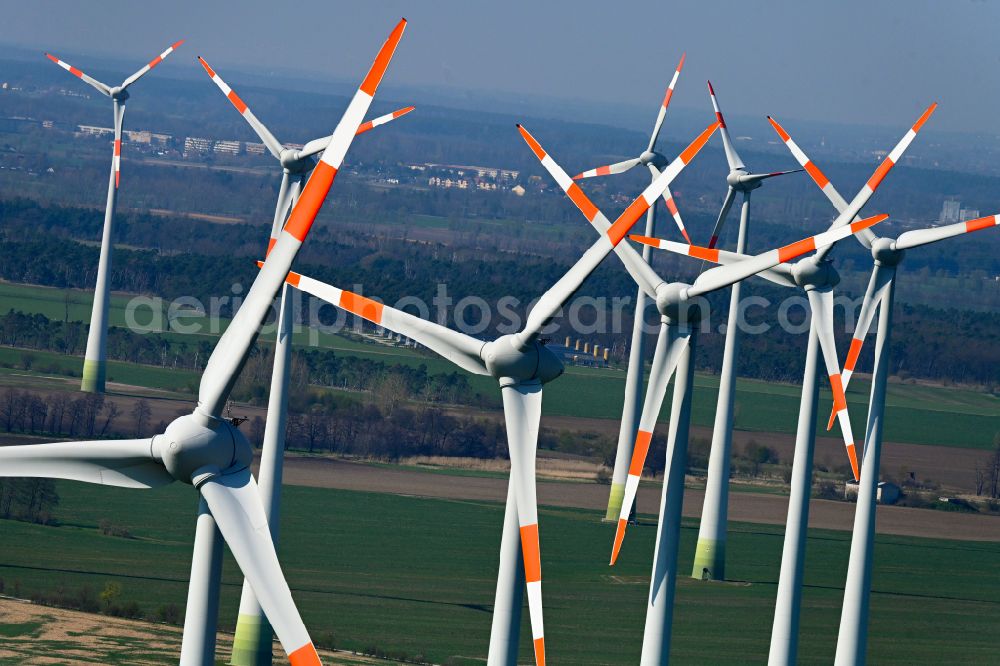 Quellendorf from above - Wind turbine windmills on a field in Quellendorf in the state Saxony-Anhalt, Germany