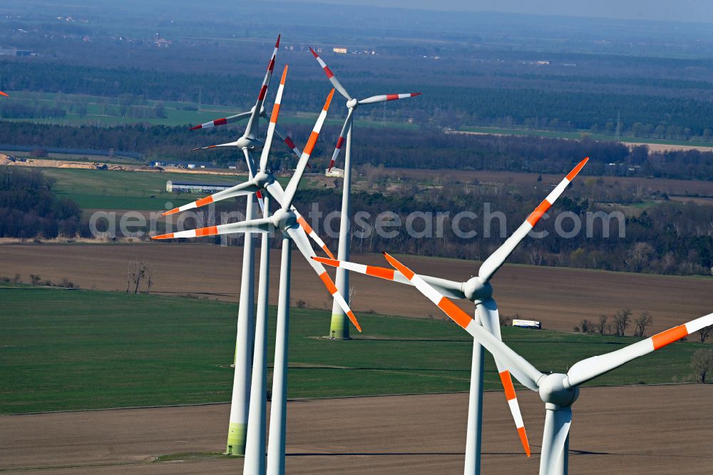 Aerial photograph Quellendorf - Wind turbine windmills on a field in Quellendorf in the state Saxony-Anhalt, Germany