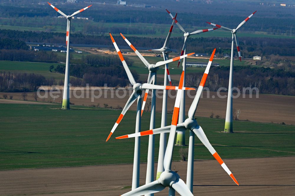 Quellendorf from the bird's eye view: Wind turbine windmills on a field in Quellendorf in the state Saxony-Anhalt, Germany