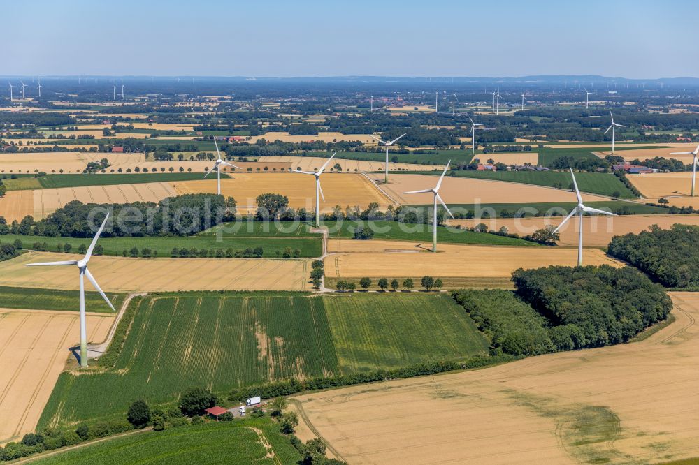 Rückamp from the bird's eye view: Wind turbine windmills on a field in Rückamp in the state North Rhine-Westphalia, Germany