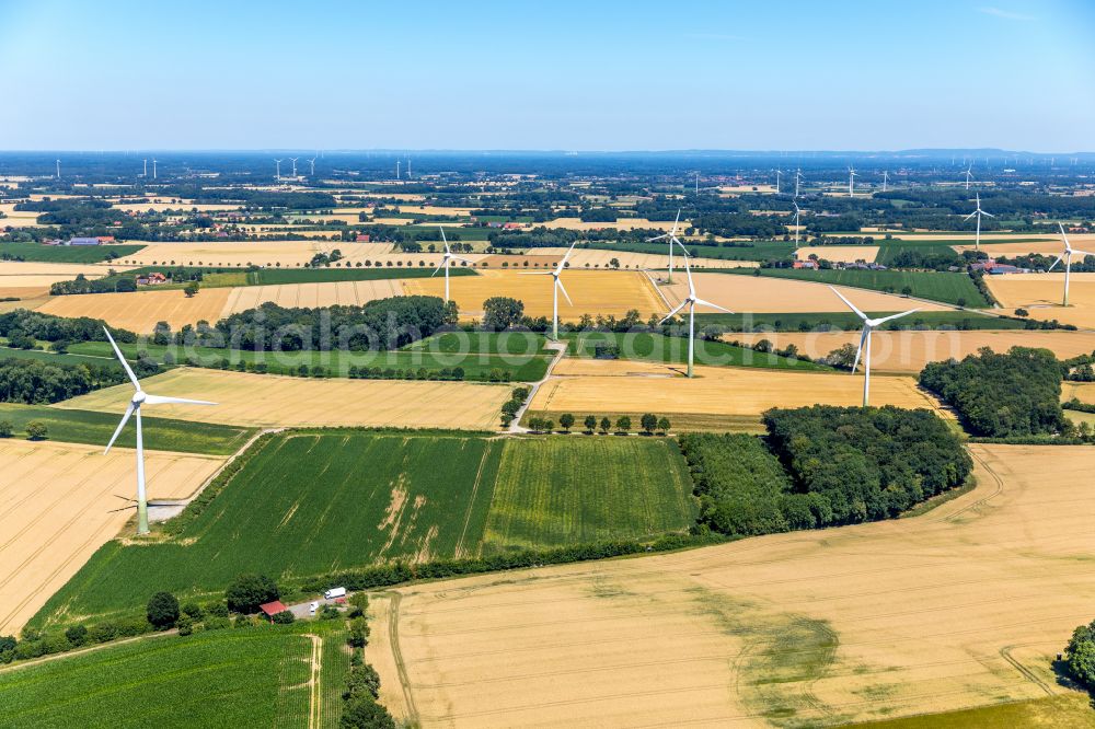 Aerial image Rückamp - Wind turbine windmills on a field in Rückamp in the state North Rhine-Westphalia, Germany