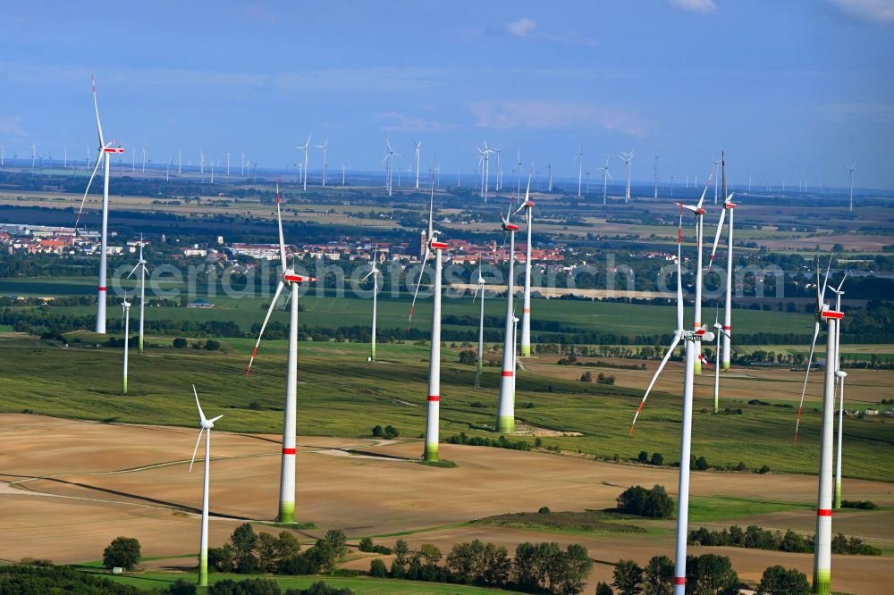 Schönermark from above - Wind turbine windmills on a field in Schoenermark Uckermark in the state Brandenburg, Germany