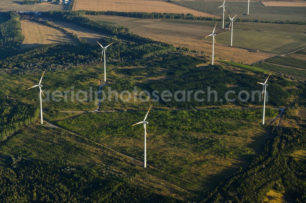 Stedten from above - Wind turbine windmills on a field in Stedten in the state Saxony-Anhalt, Germany