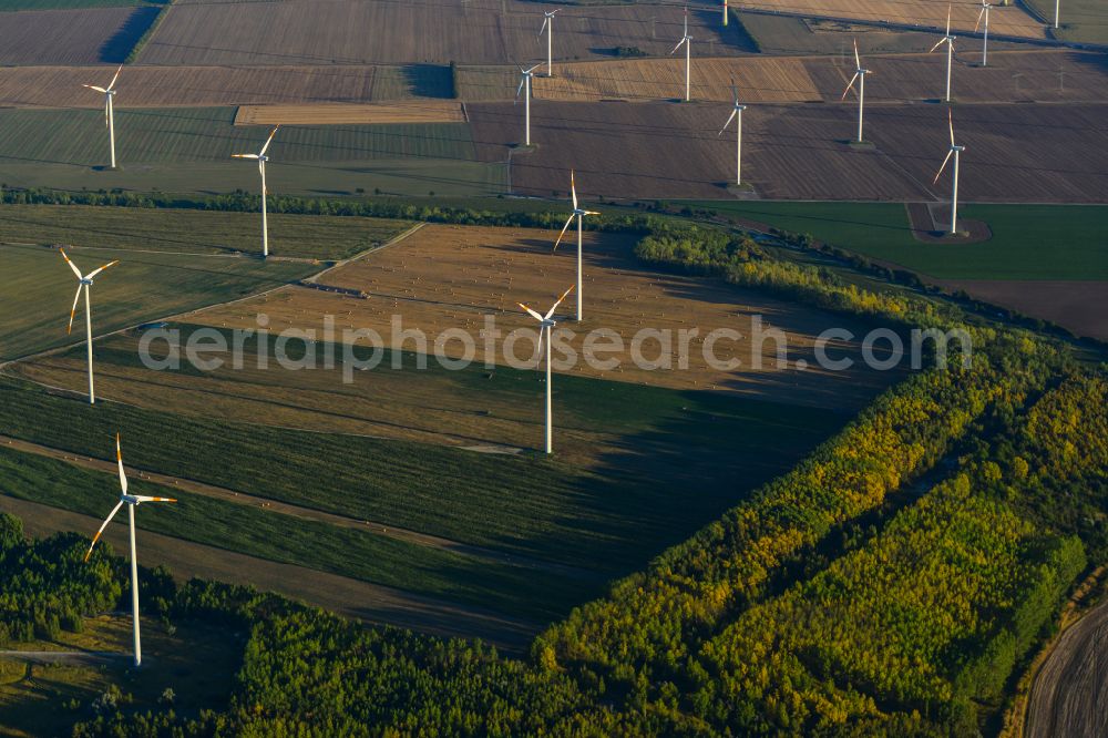 Stedten from the bird's eye view: Wind turbine windmills on a field in Stedten in the state Saxony-Anhalt, Germany