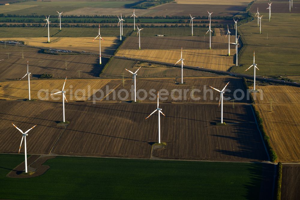 Aerial image Stedten - Wind turbine windmills on a field in Stedten in the state Saxony-Anhalt, Germany