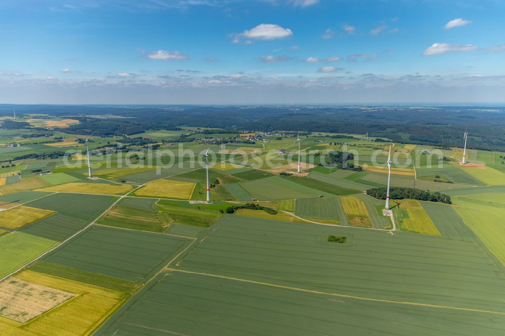 Thülen from the bird's eye view: Wind turbine windmills on a field in Thülen at Sauerland in the state North Rhine-Westphalia, Germany