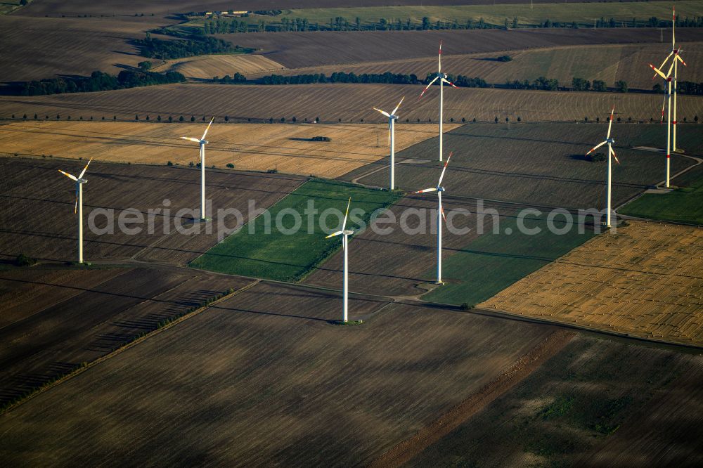 Aerial photograph Wansleben am See - Wind turbine windmills on a field in Wansleben am See in the state Saxony-Anhalt, Germany