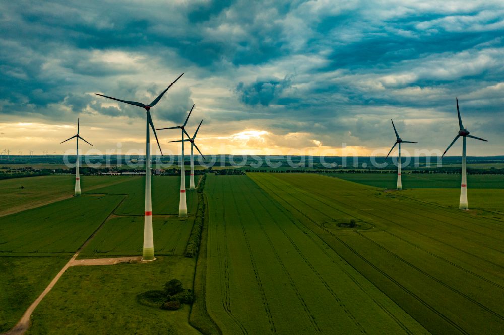 Aerial image Werder - Wind turbine windmills on a field in Werder in the state Mecklenburg - Western Pomerania, Germany