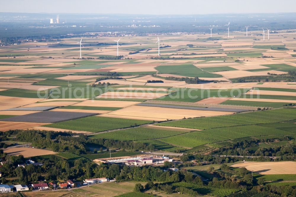 Aerial image Insheim - Wind turbine windmills on a field behind a geo-thermal energy-plant in Insheim in the state Rhineland-Palatinate, Germany