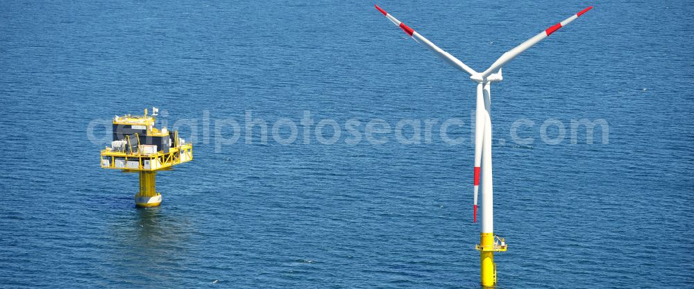 Zingst from above - Wind turbines of the offshore wind farm EnBW Baltic 1 on the water surface of Baltic Sea in Zingst in the state Mecklenburg - Western Pomerania, Germany