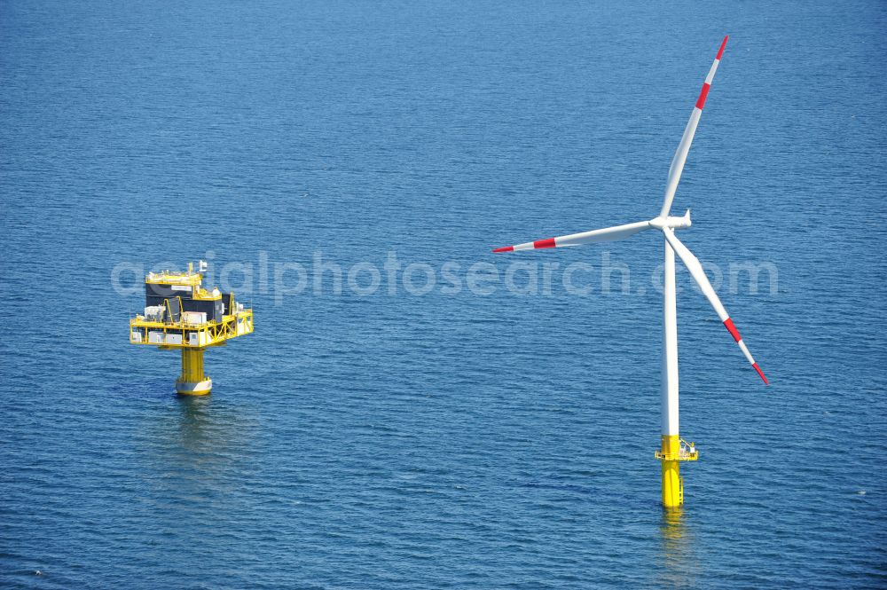 Zingst from the bird's eye view: Wind turbines of the offshore wind farm EnBW Baltic 1 on the water surface of Baltic Sea in Zingst in the state Mecklenburg - Western Pomerania, Germany