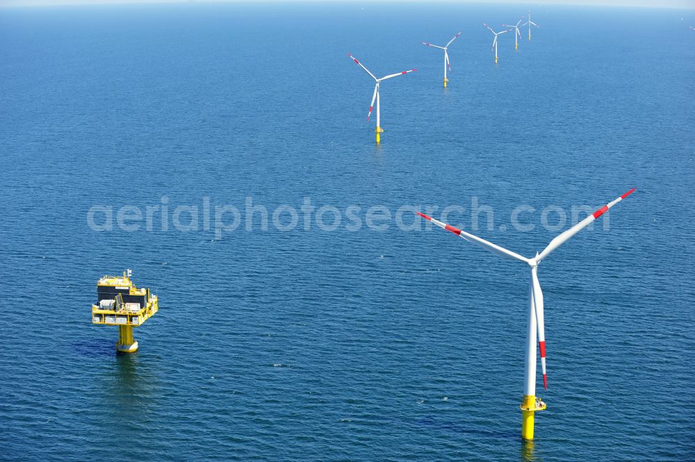 Aerial photograph Zingst - Wind turbines of the offshore wind farm EnBW Baltic 1 on the water surface of Baltic Sea in Zingst in the state Mecklenburg - Western Pomerania, Germany