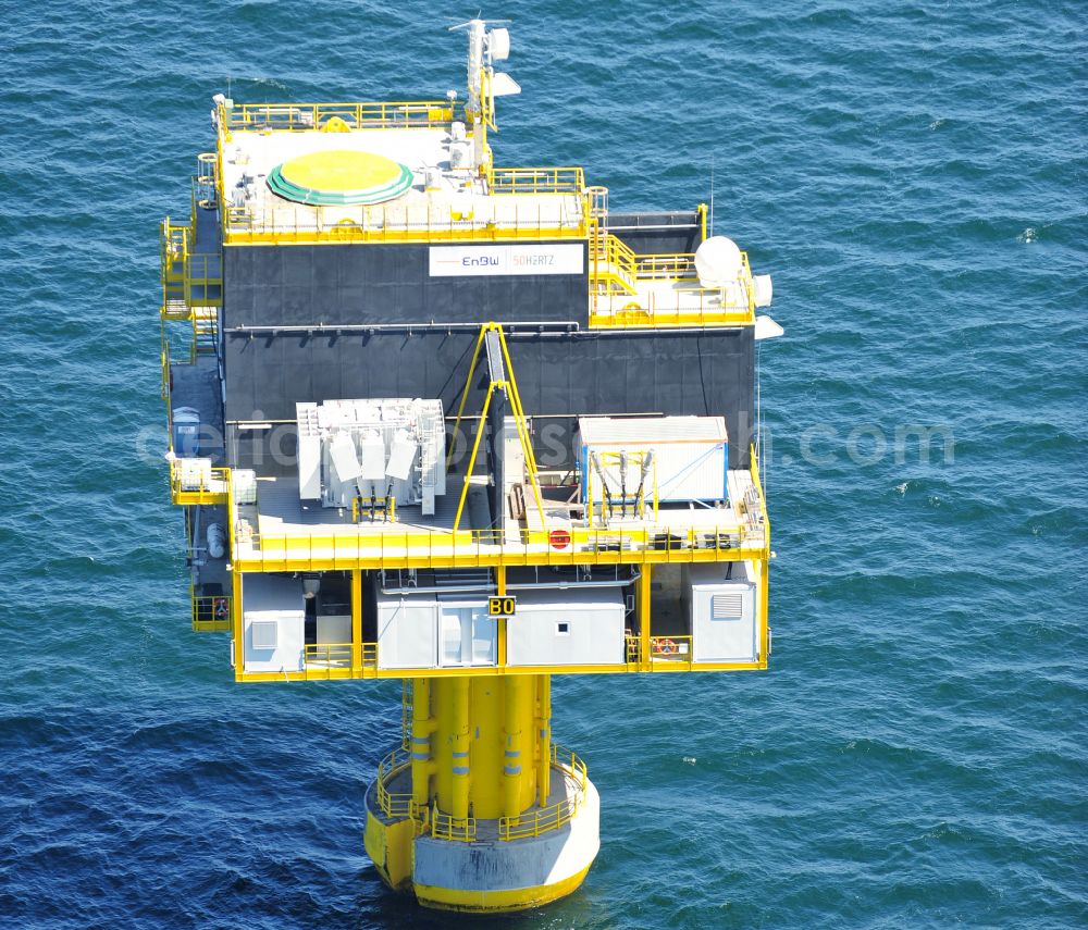 Aerial image Zingst - Wind turbines of the offshore wind farm EnBW Baltic 1 on the water surface of Baltic Sea in Zingst in the state Mecklenburg - Western Pomerania, Germany