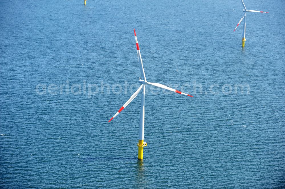 Zingst from above - Wind turbines of the offshore wind farm EnBW Baltic 1 on the water surface of Baltic Sea in Zingst in the state Mecklenburg - Western Pomerania, Germany