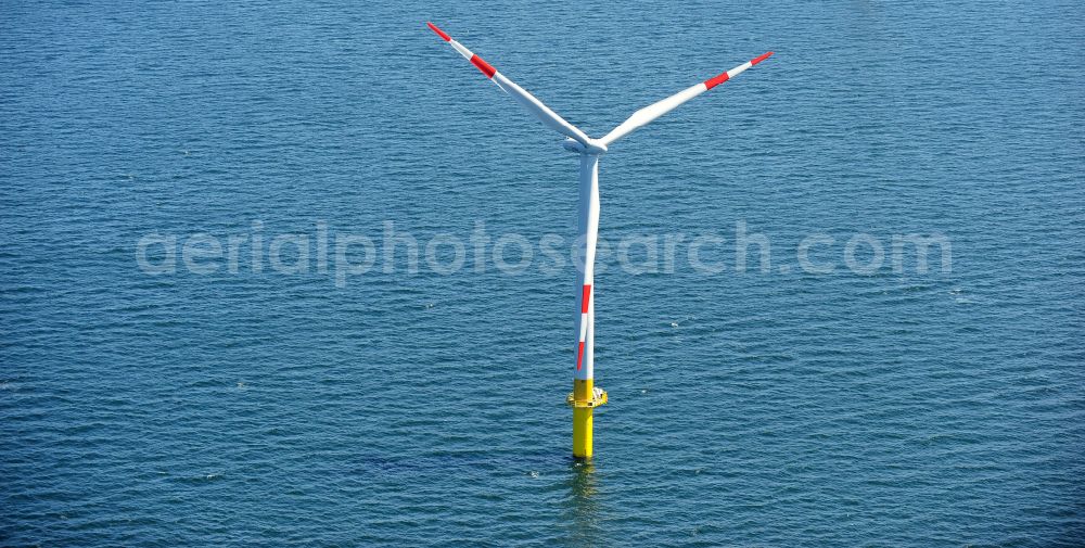 Zingst from the bird's eye view: Wind turbines of the offshore wind farm EnBW Baltic 1 on the water surface of Baltic Sea in Zingst in the state Mecklenburg - Western Pomerania, Germany