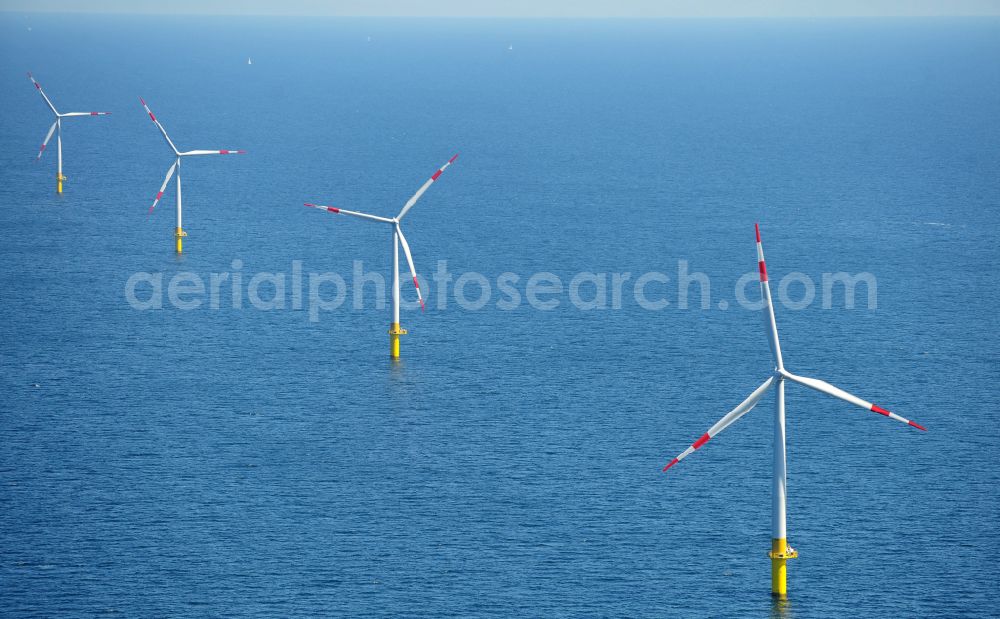 Aerial image Zingst - Wind turbines of the offshore wind farm EnBW Baltic 1 on the water surface of Baltic Sea in Zingst in the state Mecklenburg - Western Pomerania, Germany