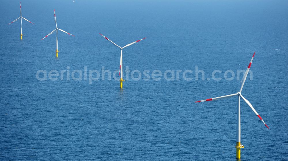 Aerial photograph Zingst - Wind turbines of the offshore wind farm EnBW Baltic 1 on the water surface of Baltic Sea in Zingst in the state Mecklenburg - Western Pomerania, Germany