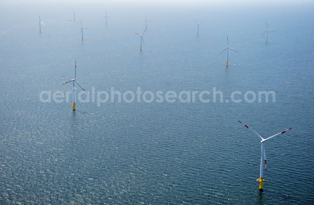 Zingst from the bird's eye view: Wind turbines of the offshore wind farm EnBW Baltic 1 on the water surface of Baltic Sea in Zingst in the state Mecklenburg - Western Pomerania, Germany