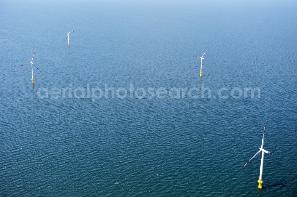 Aerial image Zingst - Wind turbines of the offshore wind farm EnBW Baltic 1 on the water surface of Baltic Sea in Zingst in the state Mecklenburg - Western Pomerania, Germany