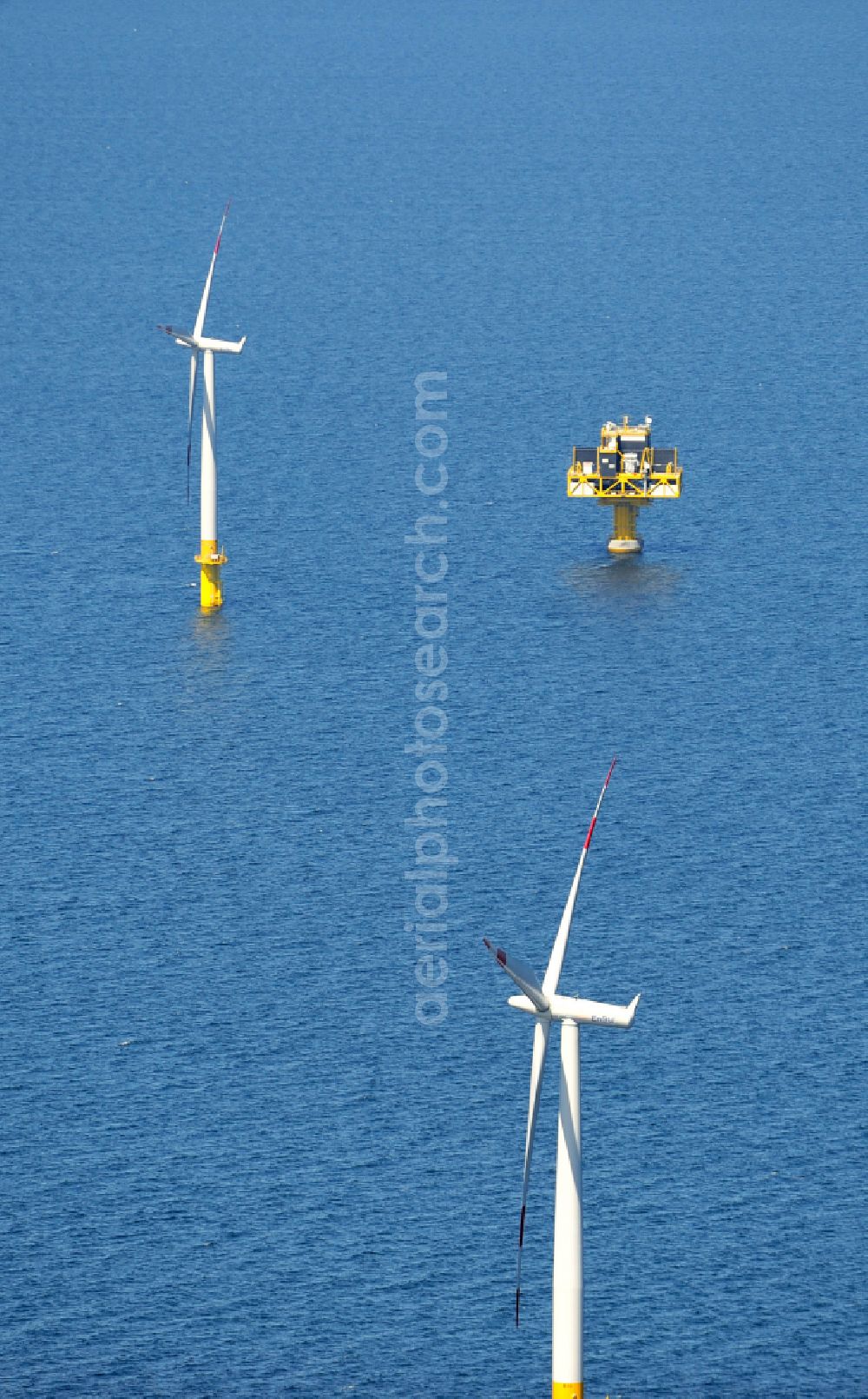 Zingst from above - Wind turbines of the offshore wind farm EnBW Baltic 1 on the water surface of Baltic Sea in Zingst in the state Mecklenburg - Western Pomerania, Germany