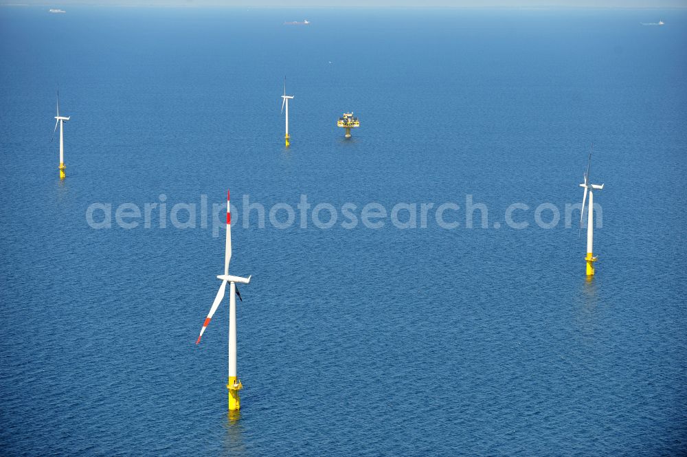 Zingst from the bird's eye view: Wind turbines of the offshore wind farm EnBW Baltic 1 on the water surface of Baltic Sea in Zingst in the state Mecklenburg - Western Pomerania, Germany