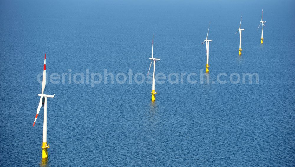 Aerial image Zingst - Wind turbines of the offshore wind farm EnBW Baltic 1 on the water surface of Baltic Sea in Zingst in the state Mecklenburg - Western Pomerania, Germany