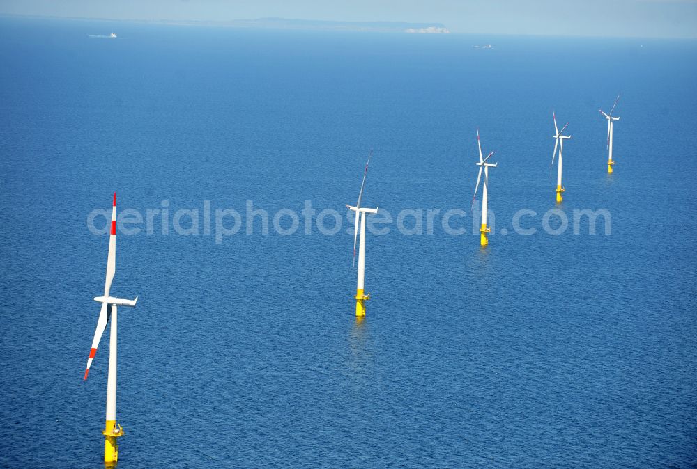 Aerial photograph Zingst - Wind turbines of the offshore wind farm EnBW Baltic 1 on the water surface of Baltic Sea in Zingst in the state Mecklenburg - Western Pomerania, Germany