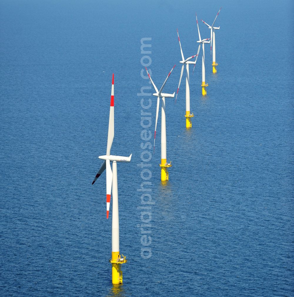 Zingst from the bird's eye view: Wind turbines of the offshore wind farm EnBW Baltic 1 on the water surface of Baltic Sea in Zingst in the state Mecklenburg - Western Pomerania, Germany