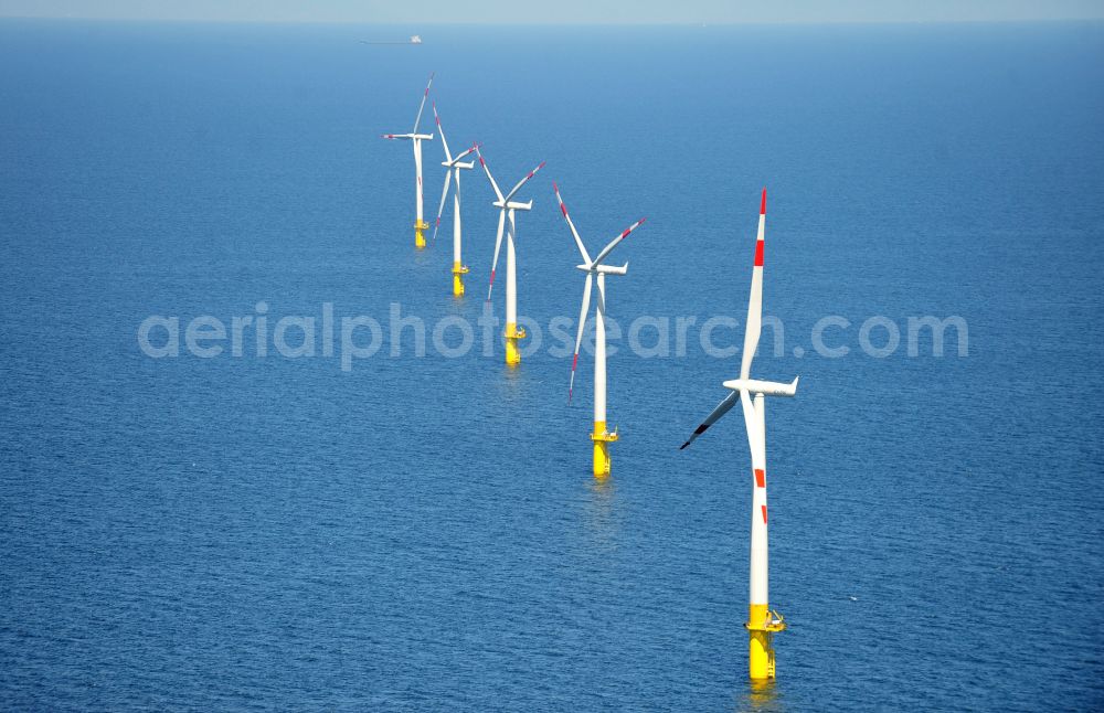 Zingst from above - Wind turbines of the offshore wind farm EnBW Baltic 1 on the water surface of Baltic Sea in Zingst in the state Mecklenburg - Western Pomerania, Germany