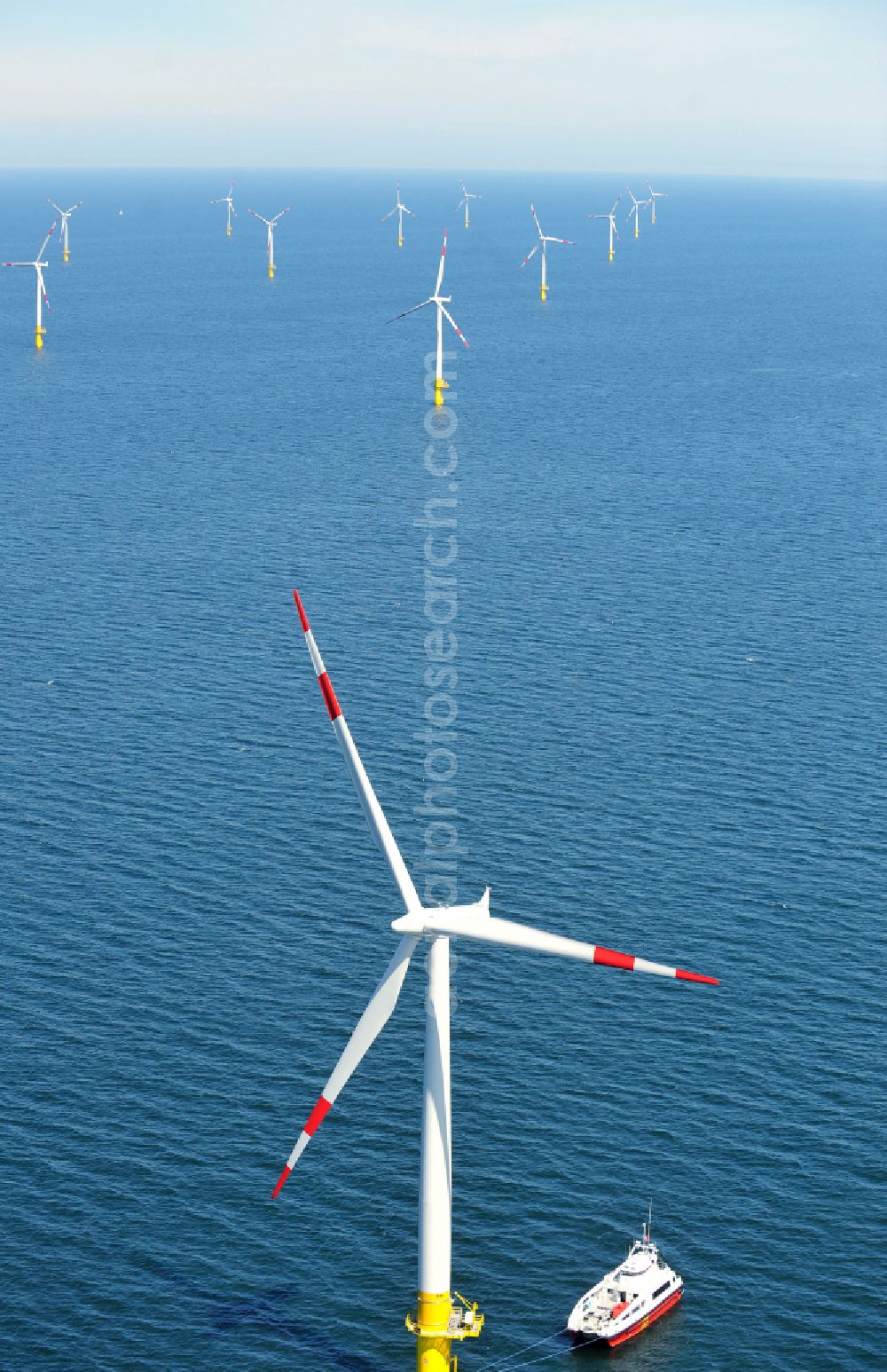 Aerial image Zingst - Wind turbines of the offshore wind farm EnBW Baltic 1 on the water surface of Baltic Sea in Zingst in the state Mecklenburg - Western Pomerania, Germany